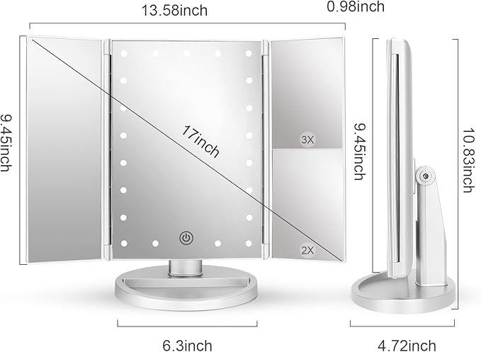 deweisn Dresser Mount Tri-Fold Lighted Vanity Mirror with 21 LED Lights, Touch Screen and 3X/2X/1X Magnification, Two Power Supply Modes Make Up Mirror,Travel Mirror