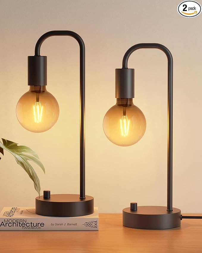 ONEWISH Industrial Table Lamp Set of 2, Fully Dimmable Beside Lamp with Gradient Black Art LED Bulb, Modern Nightstand Desk Lamps for Bedroom, Living Room, Office, Reading(Bulb Included)