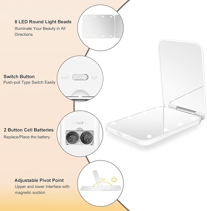 Kakuje Compact Mirror, 1X/3X Magnification LED Pocket Mirror with Nternal BIattery, Mini Mirror for Purse, Pocket,Travel and Present (White)