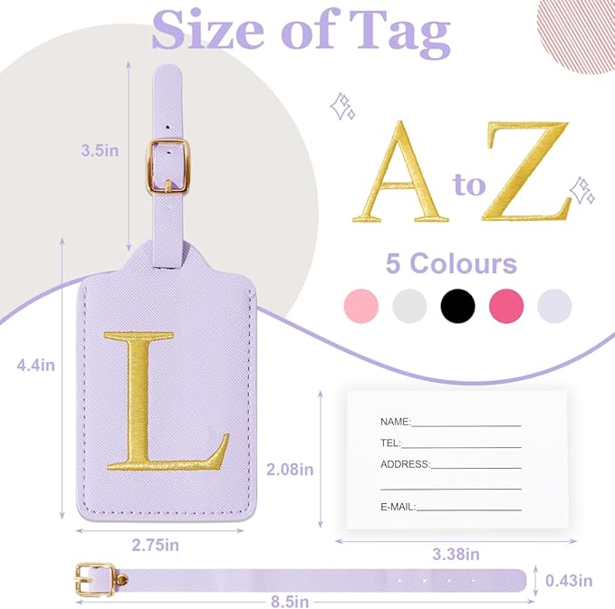 Personalized Initial Luggage Tags for Suitcases,Leather Letter Cute Luggage Tags with Privacy Name Card,Embroidered Monogrammed Travel Bag Backpack Tag Gifts for Women Kids Girls Teens(Purple-L)
