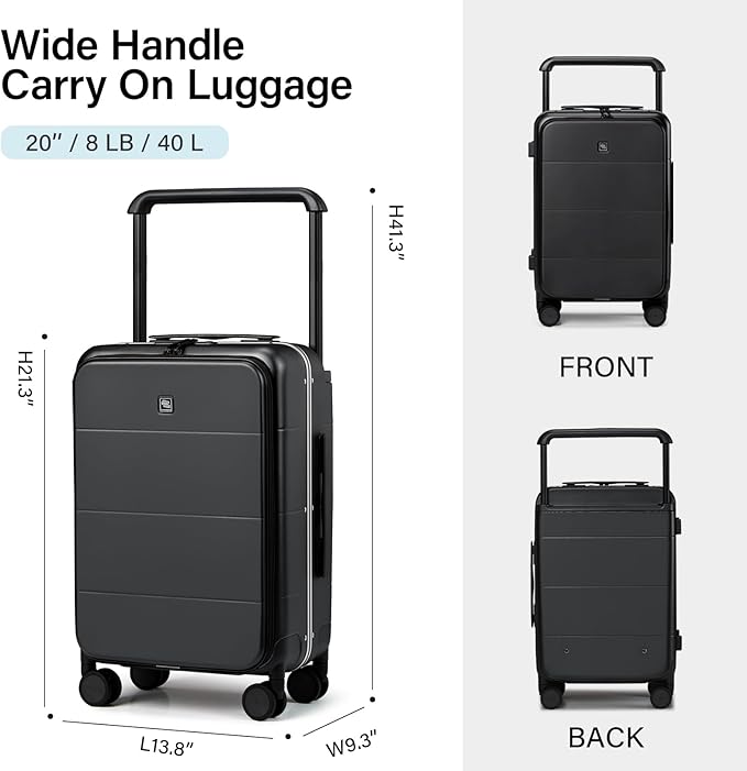 Hanke Top Opening Carry On Luggage, 20 Inch All-PC Aluminum Frame Wide Handle Luggage, Hard Shell Trunk Suitcase with Spinner Wheels, TSA Airline Approved (Jet Black, 40L)