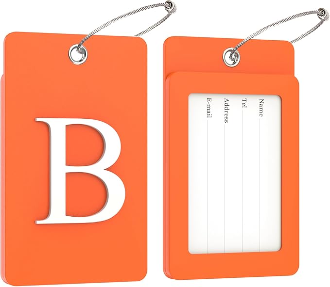 Gostwo 2 Pack Luggage Tags for Suitcases, 26 Initial Letter Travel Luggage Baggage Identification Labels ID Tag Fully Bendable Tags with Stainless Steel Loop (Orange) (Letter B)
