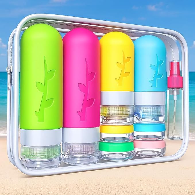 TSA Approved Travel Bottles Set – 18 Piece Leak-Proof Silicone Toiletry Kit with Clear Bag, Refillable Bottles, Jars, Spray Bottle & Accessories for Shampoo, Lotion and Body Wash