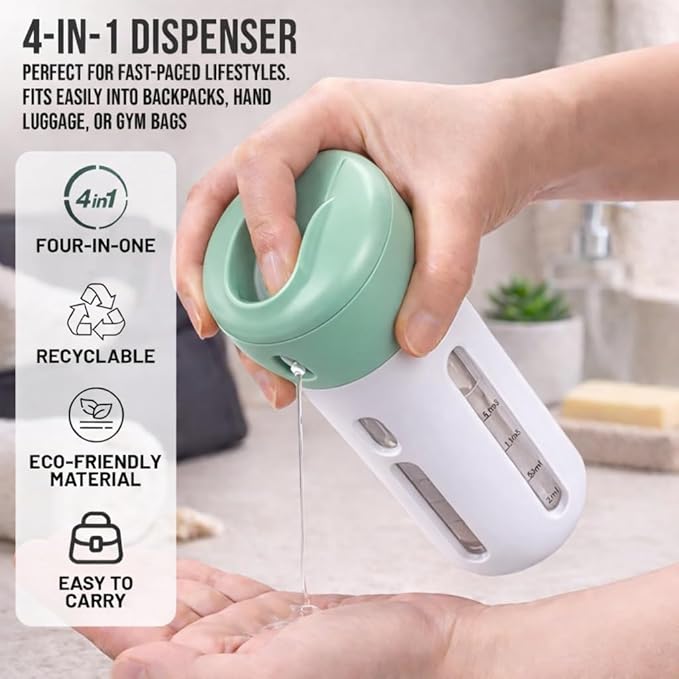 Travigo 4-in-1 Travel Dispenser Bottle, TSA Approved, Leak Proof, Four Reusable 1.4 oz. (40 mL) Toiletry Containers for Shampoo, Conditioner, Soap, Lotion, Skincare (Green)