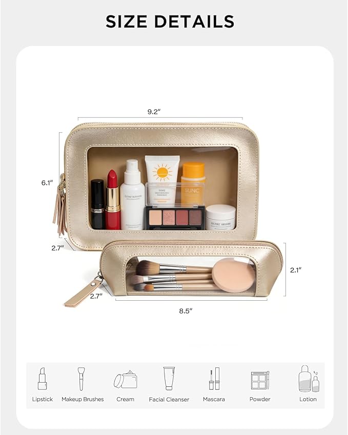 LETGO 2Pack Clear Makeup Bags, Makeup Pouch for Purse Slim Make Up Brush Bag for Girls Car Accessories Essentials for Women(2Pack-Gold Set)