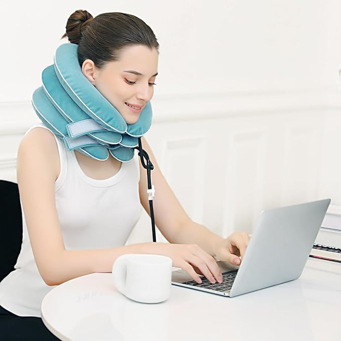 Cervical Neck Traction Device for Neck Pain Relief - Inflatable Neck Stretcher Traction Collar for Neck Decompression - Best Home Use Neck Brace Pump (Blue Plush)