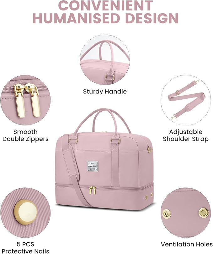 Weekender Travel Duffle Bag for Women: Overnight Bags with Shoe Compartment Carry on Bags for Airplanes with Toiletry Bag Weekend Yoga Gym Bag with Wet Pocket Travel Duffel Tote Bag Hospital Bag Pink