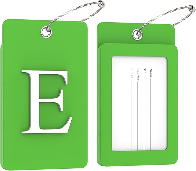 Gostwo 2 Pack Luggage Tags for Suitcases, 26 Initial Letter Travel Luggage Baggage Identification Labels ID Tag Fully Bendable Tags with Stainless Steel Loop (Green) (Letter E)