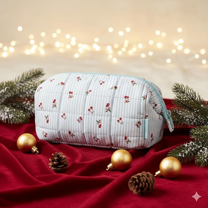 BAGSMART Makeup Bag Travel Toiletry Bag, Puffy Padded Make Up Bags for Women Makeup Organizer Case, Wide-open Pouch Purse Travel Essentials Toiletries Accessories Brushes, Ditsy Cherry