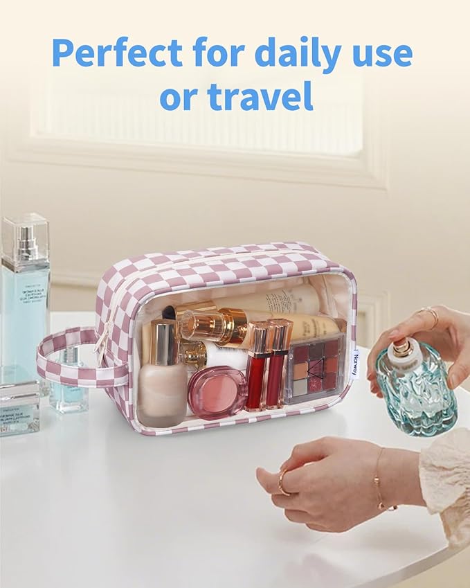 Narwey Clear Toiletry Bags for Traveling Women Men, Clear Travel Bags for Toiletries Makeup Bag Cosmetic Bag with Zipper, Make Up Organizer, Skincare Bag (Dusty Pink Checkerboard)