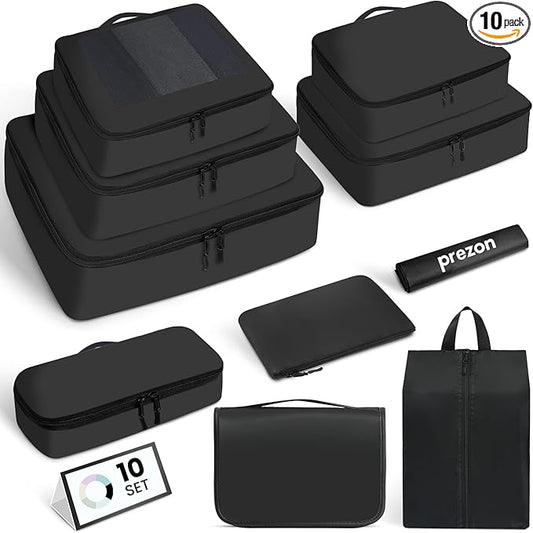 Mesh Packing Cubes for Travel, Durable Luggage Organizer with Sturdy Material and Double Zippers, Comprehensive Set for Travel Accessories Storage, 10 set, black