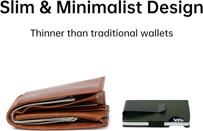 Carbon Fiber Minimalist Wallet for Men Credit Card Holder Money Clip & Cash Strap Slim RFID Mens Wallets(Matt Green)