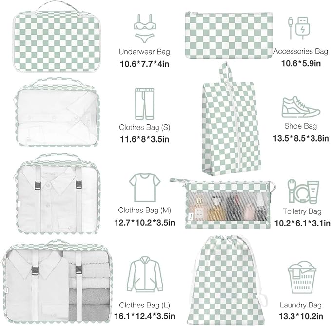8 Set Packing Cubes for Suitcases,Suitcase Organizer with Shoe,Cosmetics,Clothing, and Accessories Bags for Travel Luggage Organizer Women Men(Green Checkered)
