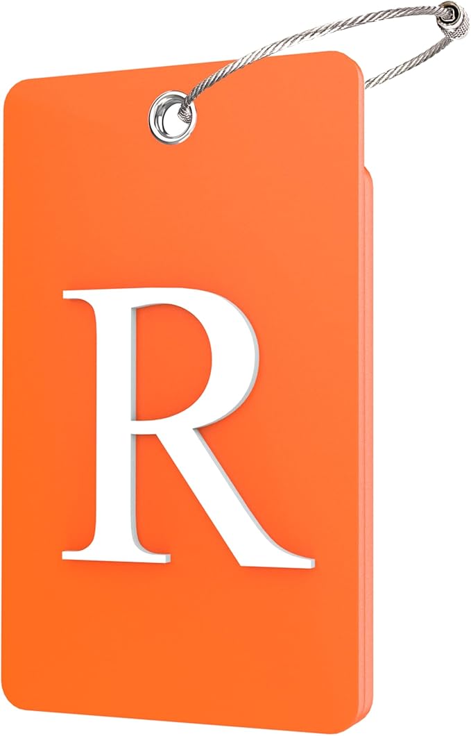 Gostwo 2 Pack Luggage Tags for Suitcases, 26 Initial Letter Travel Luggage Baggage Identification Labels ID Tag Fully Bendable Tags with Stainless Steel Loop (Orange) (Letter R)