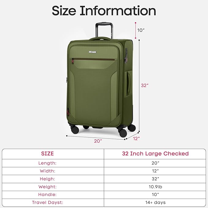 Softside Suitcases with Wheels 32 Inch Luggage,Expandable 20% Luggage w/Spinner Wheels and TSA LOCK,Large Checked Suitcase for Men/Women（Green,32in）