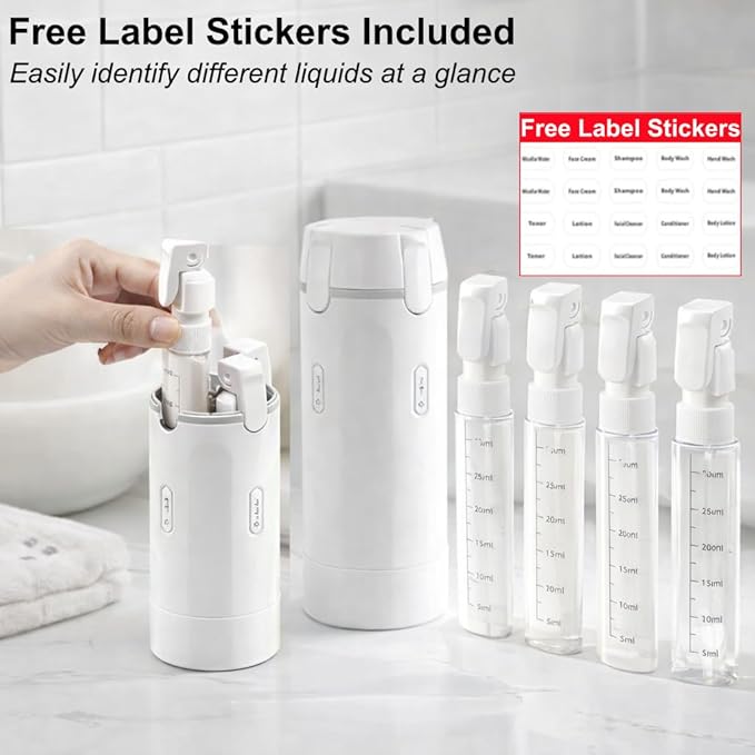 4-in-1 Travel Bottles for Toiletries, Travel Pump Bottle，Leak-Proof Shampoo Conditioner Lotion Dispenser with Pump, Compact No-Spill Toiletry Containers for Travel & Business Trips (White)