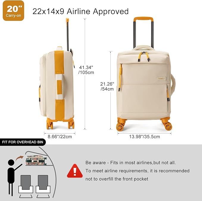 20Inch Carry on Luggage with Spinner Wheels,22x14x9 Airline Approved,Stylish SoftSided Lightweight suitcases bag,Wet/Dry Pockets Suitcase for travel(Apricot)