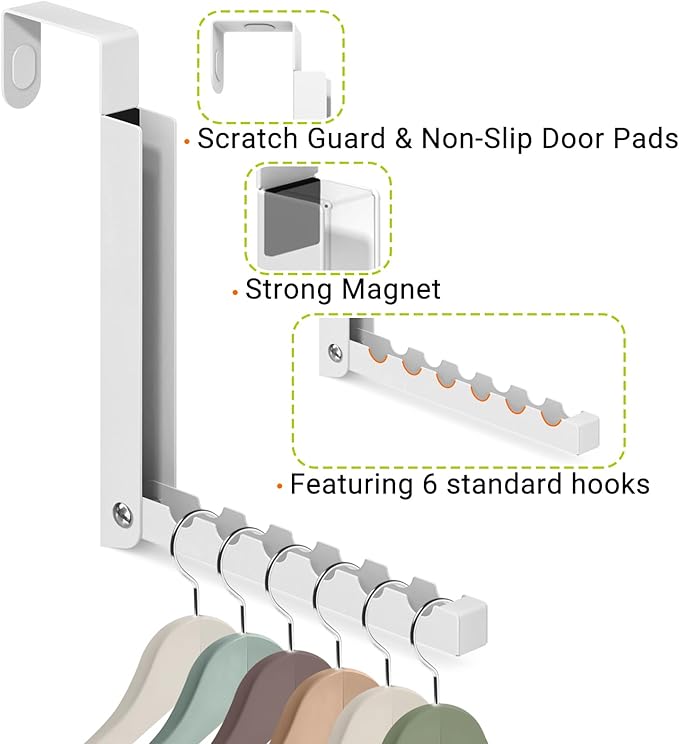 2-Pack Foldable Over-The-Door Hooks, Travel Portable Clothes Drying Rack, 6-Hook Space Saver for Clothing, Coats, Bags, Laundry Room, Bedroom, Bathroom, Entryway, Dorm - White