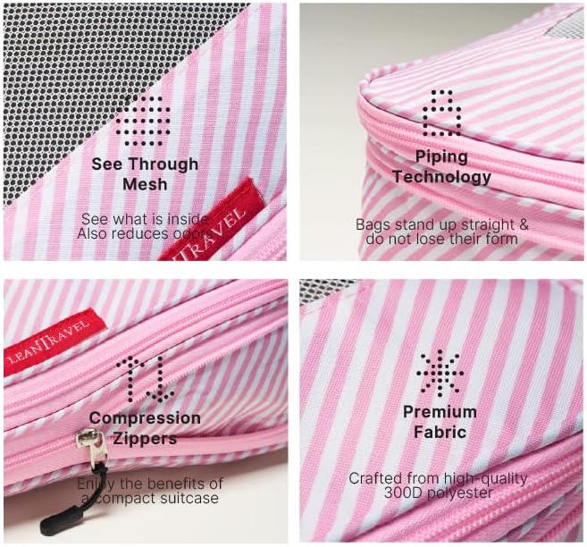 LeanTravel Premium Compression Packing Cubes for Travel - Suitcase Organizer Bags with Double Zipper & Breathable Mesh Panel - Space Saving Carry On Luggage Essentials (6-Pack, Pink Stripes)