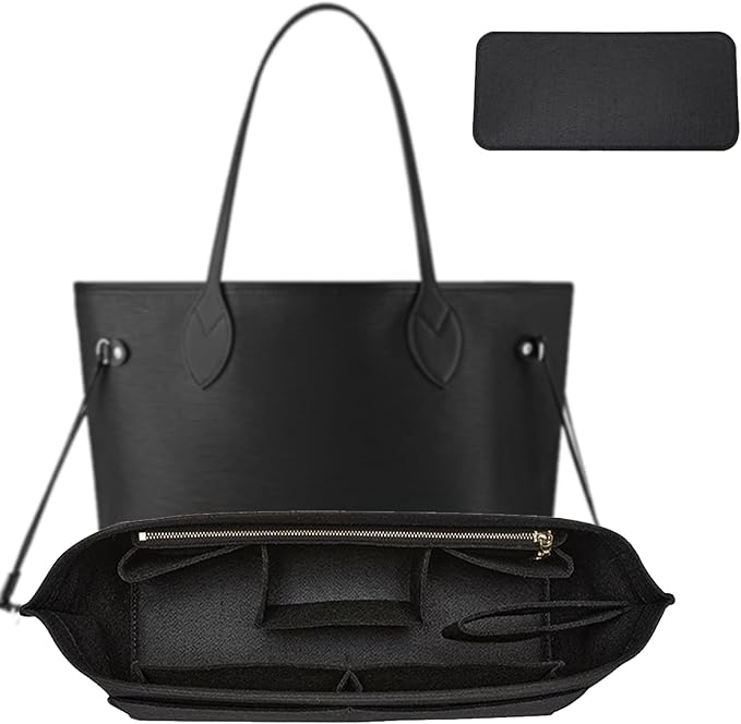 Purse Organizer Insert Compatible with Neverfull GM and More, Felt Bag Organizer with Base Shaper for Tote Handbags, Purse Insert with Zipper, 10 Cpmpartments, Black/XL