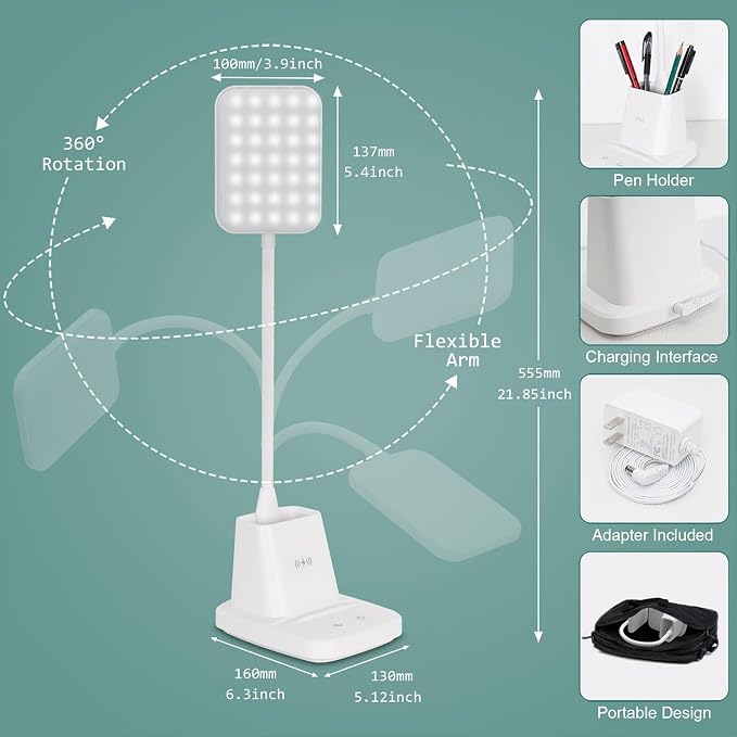 Upgraded 10W Wireless Charging LED Desk Lamp with Pen Holder, White | CRI 95, 800LM, Stepless Dimming, 3 Modes, 360°Flexible Arm, Touch, Study Table Lamp for Home Office, Dorm Room, with Adapter