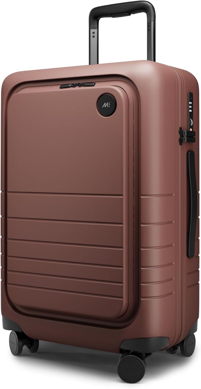 Monos Carry-On Pro Plus Luggage (23"), Hardside Spinner Suitcase with TSA Lock & Front Pocket, Airline Approved, Terracotta, Red
