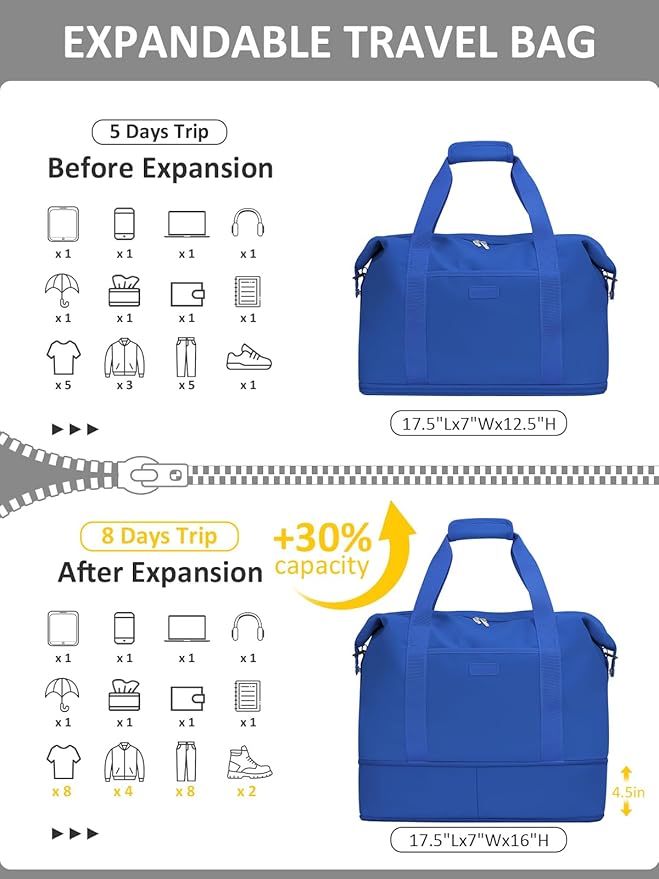 Expandable Travel Duffle Bags Weekender Overnight Bags for Women Men Hospital Bag for Women Labor Delivery with Toiletry Bag Waterproof