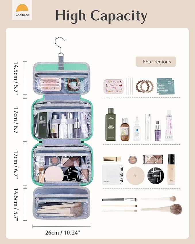 Travel Hanging Toiletry Bag for Women - Waterproof Cosmetic Organizer with Clear Window, Lightweight Bathroom Bags for Essentials, Makeup, Shampoo, Toiletries Green, Medium