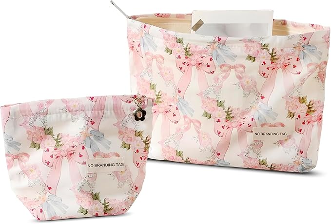 HAPPYHEIDI Makeup Bag Set 2, Cute Cosmetic Pouch, Pink Floral Bow Pattern, Cotton, Lightweight, 2 Count, Zipper Closure