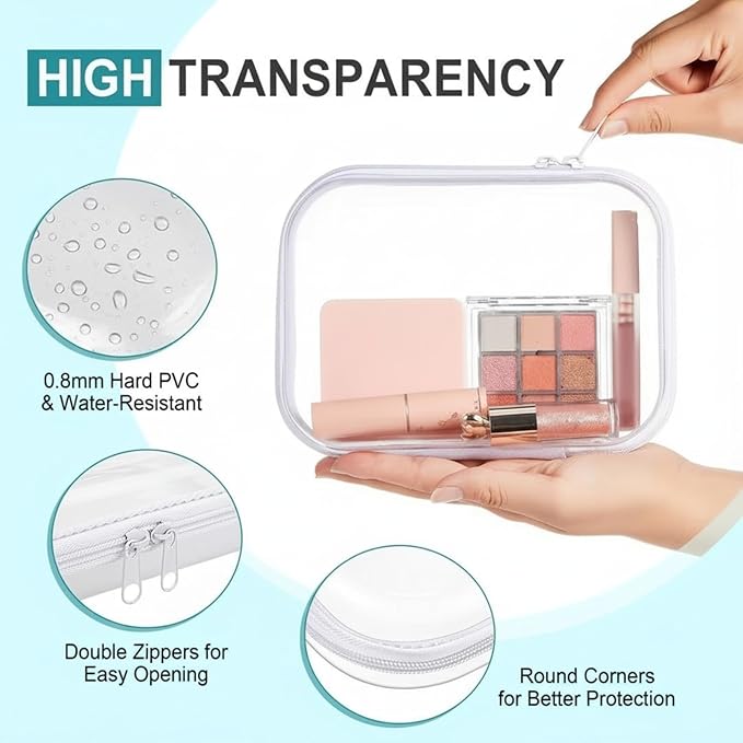 Sanwuta 6 Pcs Clear Hard Zipper Case Plastic Zipper Pouches Transparent Makeup Bag Pencil Case Pouches Toiletry Diaper Bag for Travel Toy Storage Organizer Bins(White,7.09 x 5.12 x 2 Inch)