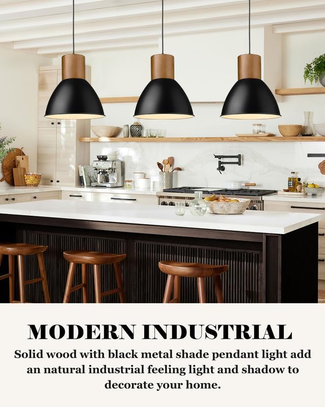 ELYONA Solid Wood Metal Pendant Light Fixtures, Industrial Hanging Lamp, Adjustable Length, 11.6" Modern Farmhouse Bar Pendant Lighting for Kitchen Island,Dining Room,Living Room, Black & Brown