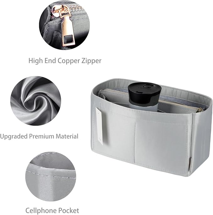 ZTUJO Purse Organizer Insert For Handbags, Purse Organizer With Zipper, Neverfull Organizer, Bag Organizer For Speedy Neverfull ONTHEGO Tote, Handbag and More (Silky Grey, Medium)