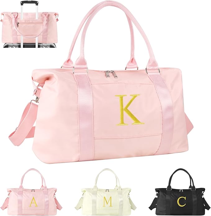 Personalized Initial Gym Dance Bag, Travel Duffel Bag for Teen Girls, Carry On Bag Overnight Weekender Bag with Trolley Sleeve, Birthday Gifts for Women Mom Daughter Graduation Gift(Letter K, Pink)
