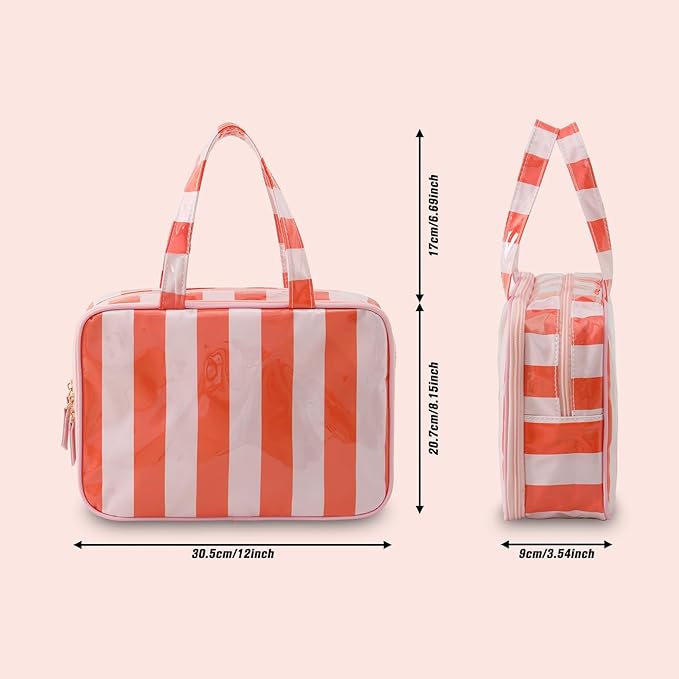 Travel Toiletry Bag for Women, Waterproof Clear Coated Portable Stripe Makeup Cosmetic Bag with Compartment, Travel Organizer for Shampoo, Conditioner, Brushes Set,Cosmetic Accessories(Pink-Orange)