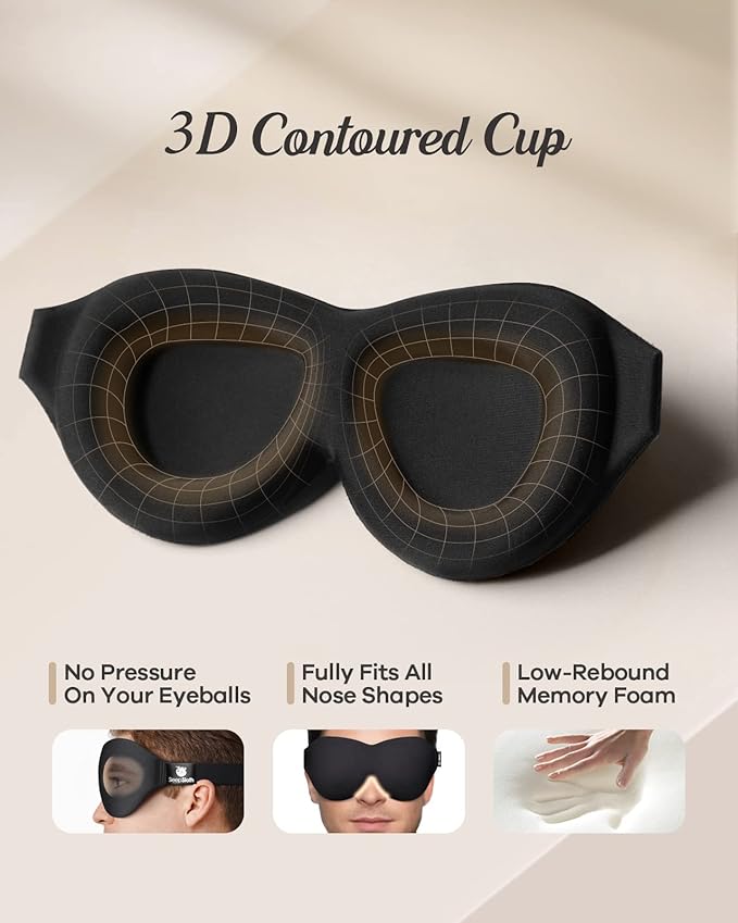 Sleep Eye Mask for Men Women, 3D Contoured 100% Blackout Eye Mask for Sleeping with Adjustable Strap, Soft and Comfortable Night Blindfold, Shade Cover for Travel Shift Work Nap, Black