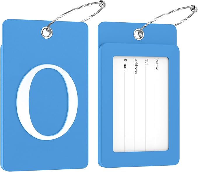 Gostwo 2 Pack Luggage Tags for Suitcases, 26 Initial Letter Travel Luggage Baggage Identification Labels ID Tag Fully Bendable Tags with Stainless Steel Loop (Blue) (Letter O)