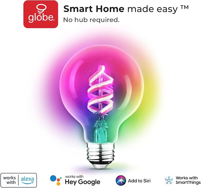 Globe Electric 35851 Wi-Fi Smart 7W (60W Equivalent) Spiral Filament Multicolor Changing LED Light Bulb, No Hub Required, Voice Activated, 2000K - 5000K, G25 Shape, E26 Base, Vintage Edison