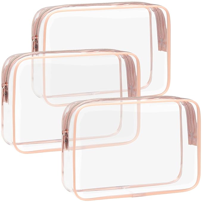 F-color TSA Approved Toiletry Bag 3 Pack Medium - Clear Makeup Bag Travel Quart Size for Women Men, Clear Cosmetic Bag Airport Airline Compliant Carry on Bag, Active Rose Pink