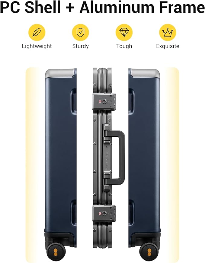 LEVEL8 Carry On Luggage Airline Approved Zipperless with Aluminum Frame, Hard Case Luggage with Spinner Wheels, Metal Travel Suitcase with Double Tsa Locks, 20 Inch, Blue