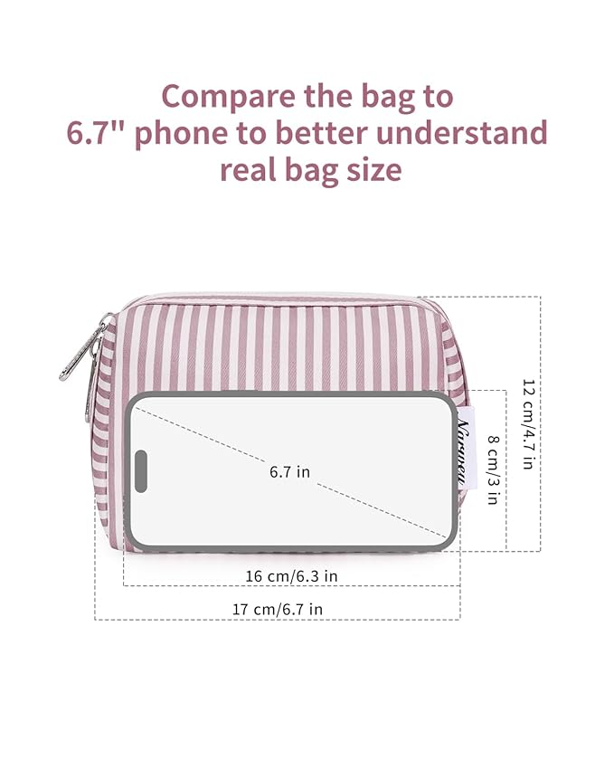 Narwey Small Striped Makeup Bag for Purse Mini Cosmetic Bag Travel Makeup Pouch Zipper Pouch Cute Make up Bags with Compartments for Women Girls (Dusty Rose Stripe, Small)