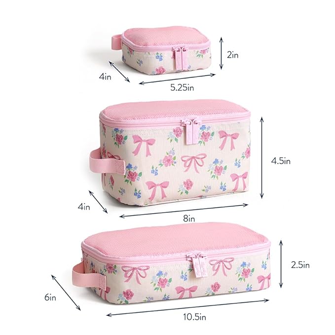 Itzy Ritzy Packing Cubes for Travel – Set of 3 Packing Cubes or Travel Organizers - Each Cube Features a Mesh Top, Double Zippers and a Fabric Handle (Ribbons & Roses)