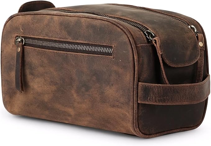 KomalC Travel Toiletry Bag – Premium Leather Dopp Kit for Men & Women with Water-Resistant Lining & Spacious Zippered Organizer