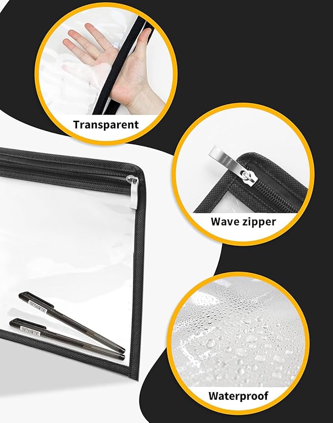 6 Pieces Clear Zipper Pouches Pencil Pouches PVC Makeup Pouch Envelopes Folder Storage Multi Purpose Pouch Document File Organization Bags, Office Supplies (Black Edging, 9.8 x 8 Inches)