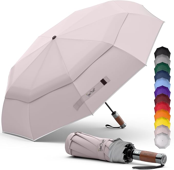 Royal Walk Windproof Folding Travel Umbrella Compact and Strong Luxurious Real Wood Handle Automatic Open Close Vented Double Canopy for Men and Women (Beige)