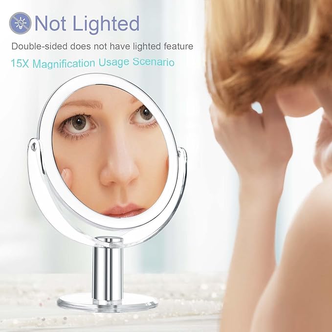CLSEVXY Vanity Mirror Makeup Mirror with Stand, 1X/15X Magnification Double Sided 360 Degree Swivel Magnifying Mirror, 7.4 Inch