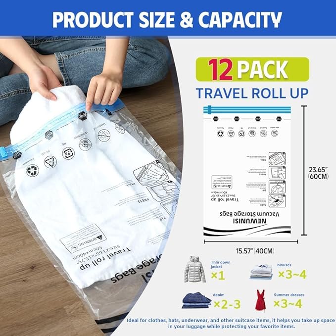 12 Pack Vacuum Storage Bags, Compression Bags for Travel, Roll Up Reusable Travel Space Saver for Luggage, Camping, and Storage (No Vacuum or Pump Needed).