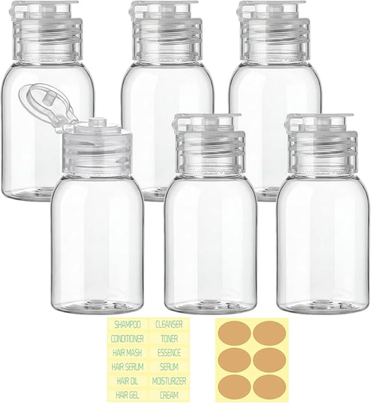 Travel Bottles for Toiletries 6 Pack 2.2oz/65ml Leak Proof Travel Size Toiletries Wide Mouth Containers TSA Approved Squeeze Bottles with Flip Cap for Shampoo Conditioner Body Wash(Clear)