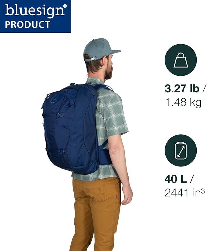 Osprey Farpoint 40L Men's Travel Backpack - Carry On Bag with Laptop Sleeve and Toiletry Pocket, Antique Blue