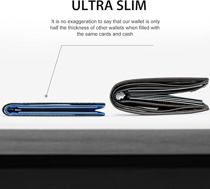 GSOIAX Slim Wallet for Men Rfid Blocking Leather Bifold Front Pocket Carbon Fiber Credit Card Holder Novelty Wallets With Gift Box (Blue and Carbon Black)
