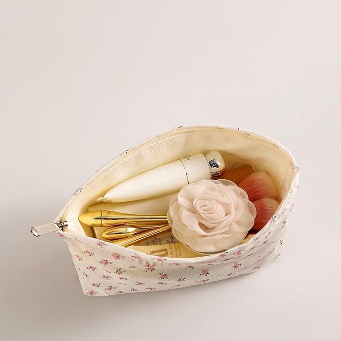HAPPYHEIDI Makeup Bag Set of 2, Cute Accessory Pouch, Cotton, Floral, Zipper Closure, Large 10.2x7.8x2 Inches, Lightweight